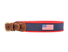 Load image into Gallery viewer, Celebrate classic Americana with our American Flag Belt. Featuring vibrant flag embroidery on navy canvas, it’s a timeless piece perfect for holidays and every day alike.
