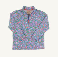 Load image into Gallery viewer, The Beaufort Bonnet Company’s Canter Collar Half-Zip in Mountain Brook Mini Floral bursts with rich blue and autumnal florals, bringing effortless charm to any tween’s wardrobe. Cozy and versatile, it pairs beautifully with leggings or jeans, perfect for spirited days and crisp fall adventures!
