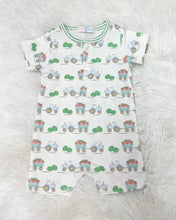 Load image into Gallery viewer, Introduce your little one to playful style with this charming Infant Boys Tractors and Melons Romper from Baby Loren. Featuring a delightful mix of tractor and melon prints, this one-piece design combines comfort with character.
