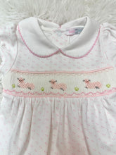 Load image into Gallery viewer, Dress your little one in the adorable Pink Baby Lamb Smocked Bubble by Baby Loren. Crafted from soft Pima cotton, this charming outfit features delightful pink dotted bubbles and a sweet smocked design with baby lambs, making it the perfect choice for your precious newborn girl. Embrace the cuteness!
