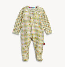 Load image into Gallery viewer, Celebrate cozy fall nights with the Pumpkin Plaid Modal Footie by Magnetic Me. Its soft, breathable fabric and adorable pumpkin print wrap your baby in warmth and comfort, while the convertible design adapts as they grow. Perfect for peaceful naps and dreamy autumn evenings!
