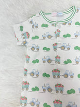 Load image into Gallery viewer, Introduce your little one to playful style with this charming Infant Boys Tractors and Melons Romper from Baby Loren. Featuring a delightful mix of tractor and melon prints, this one-piece design combines comfort with character.
