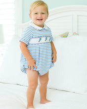Load image into Gallery viewer, The Fishing Lure Bubble by Cape Point Clothing Co. is a delightful outfit for your little one! Its blue striped knit design and charming fishing lures smocked across the chest create a playful look, while the white Peter Pan collar adds a touch of classic charm. Made from breathable material, it's perfect for keeping infants comfortable during spring and summer adventures! Plus, there's a matching short set for older brothers, making it a great choice for family outings!
