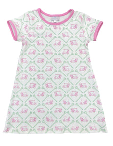 Introduce your little one to the world of golf with Let's PAR-TEE Knit Play Dress from James &amp; Lottie. This dress is made with soft knit fabric, ensuring comfort for all-day play. The adorable pink, green, and white golf design adds a touch of classic charm. Perfect for toddlers to girls, let them swing into style and have fun on the course!