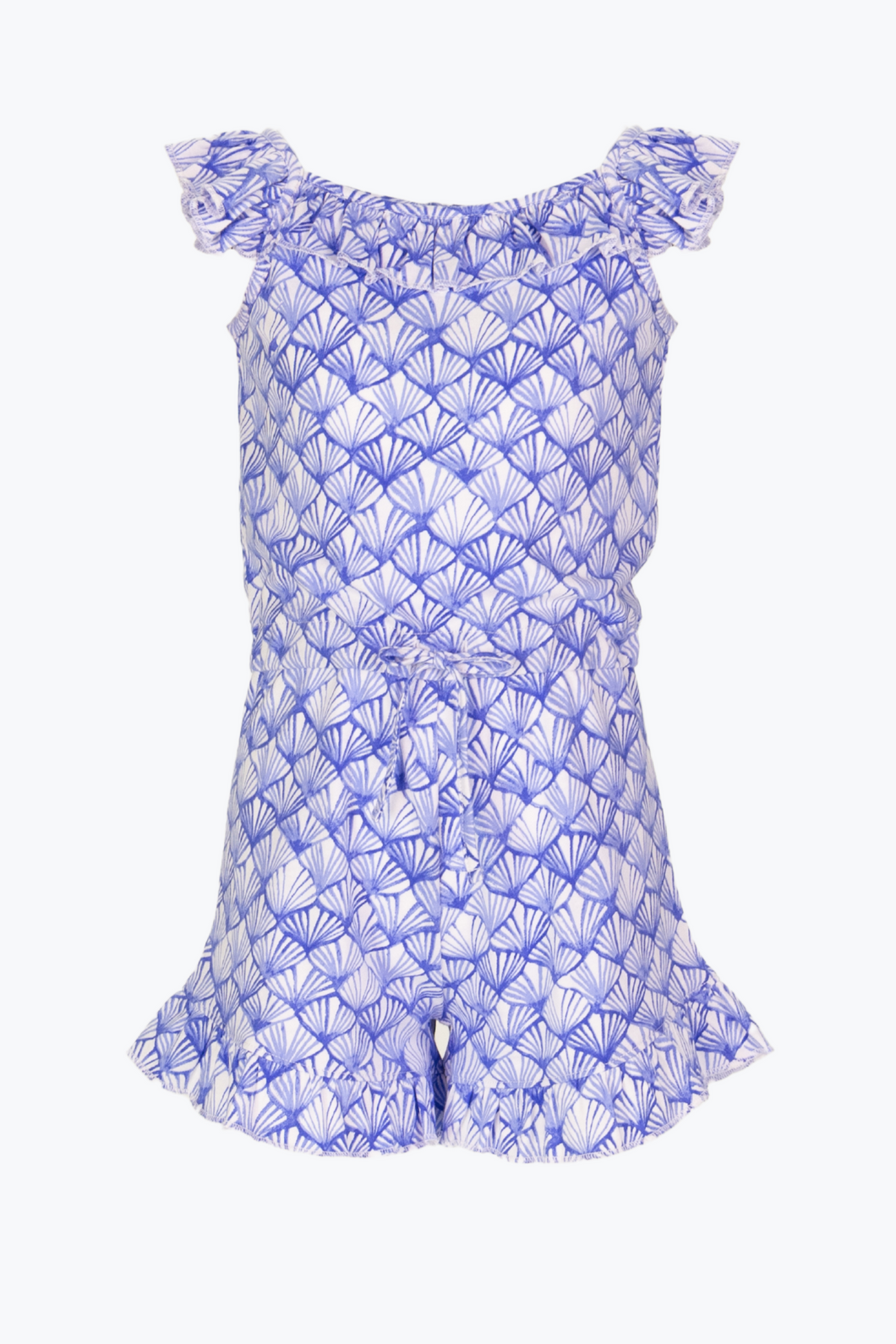 This Girls Dazzling Shells Reagan Romper from Duffield Lane is the perfect addition to any little girl's summer wardrobe. Made of 100% cotton, this romper features ruffle straps, sleeveless silhouette, and is adorned with a beautiful blue and white shell design. Breezy and classic, it will keep her looking stylish and feeling comfortable all season long. Little sister match available in the Girls Dazzling Shells Lucy Dress. 