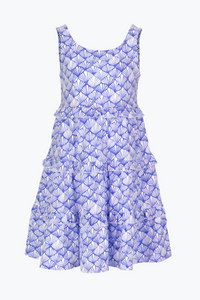 This Girls Dazzling Shells Ruffle Lucy Dress from Duffield Lane is the perfect addition to any little girl's summer wardrobe. Made of 100% cotton, this dress features a tiered skirt and sleeveless silhouette, adorned with a beautiful blue and white shell design. Breezy and classic, it will keep her looking stylish and feeling comfortable all season long.