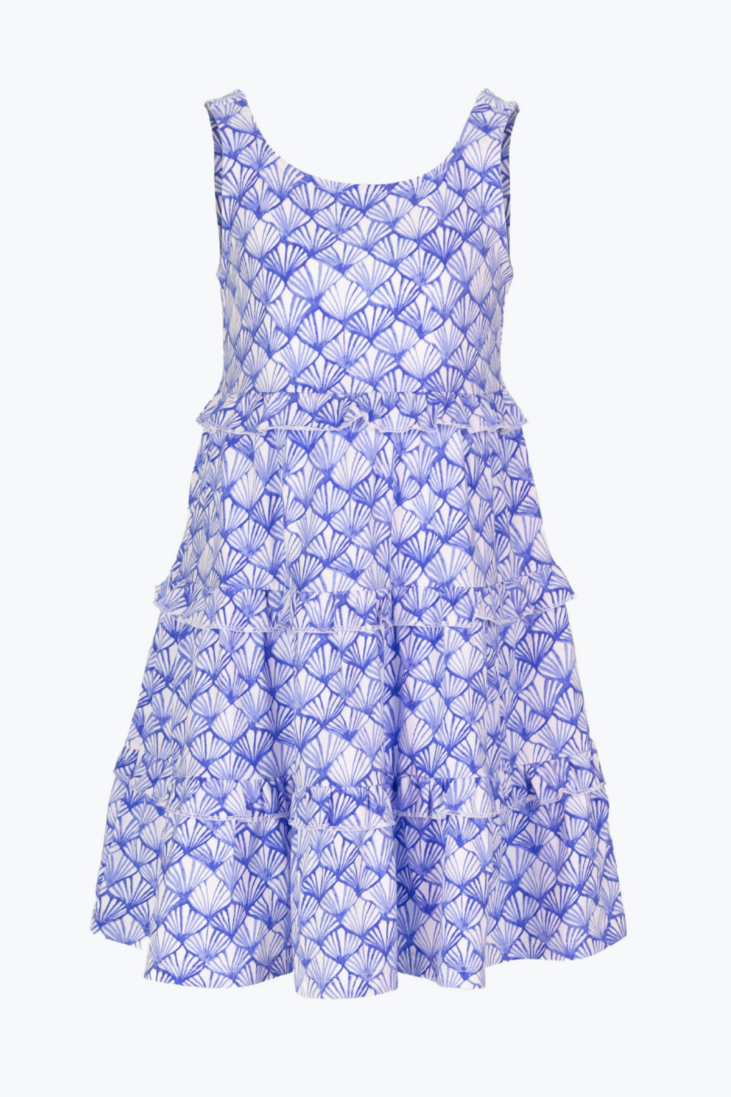 This Girls Dazzling Shells Ruffle Lucy Dress from Duffield Lane is the perfect addition to any little girl's summer wardrobe. Made of 100% cotton, this dress features a tiered skirt and sleeveless silhouette, adorned with a beautiful blue and white shell design. Breezy and classic, it will keep her looking stylish and feeling comfortable all season long.