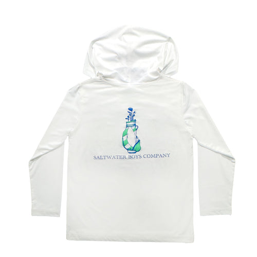 Stay comfortable and stylish on and off the course with the Golf Bag Performance Hoodie from Salt Water Boys. This classic white hoodie features an image of a golf bag and is perfect for cooler days or beach breezes. Available in sizes for toddlers to tweens.