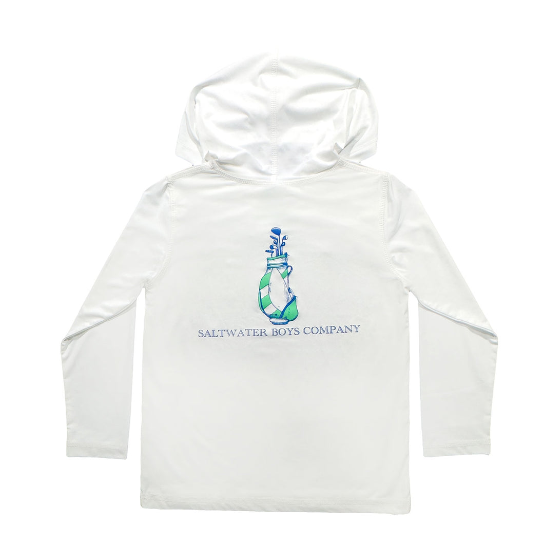Stay comfortable and stylish on and off the course with the Golf Bag Performance Hoodie from Salt Water Boys. This classic white hoodie features an image of a golf bag and is perfect for cooler days or beach breezes. Available in sizes for toddlers to tweens.