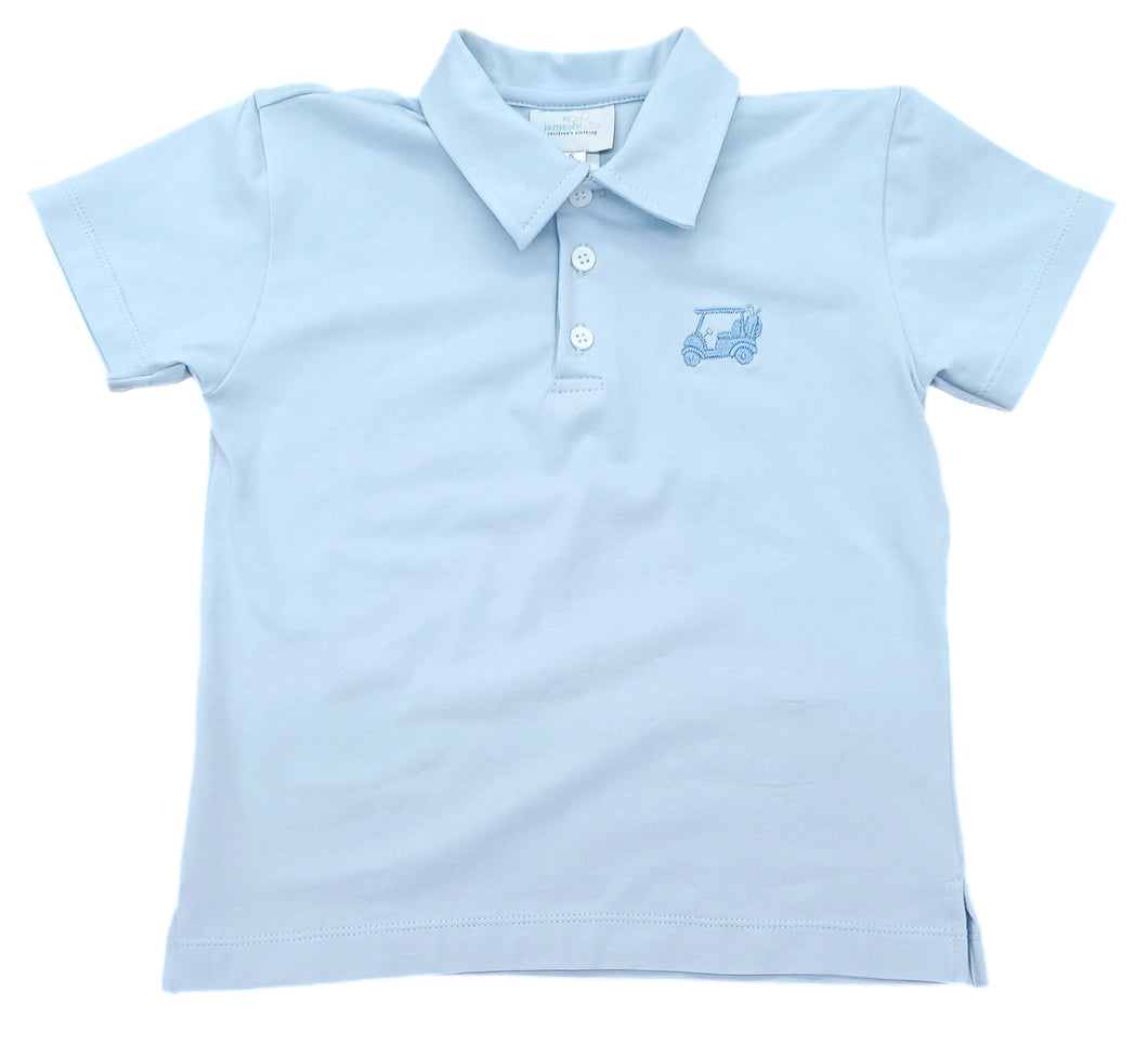 Elevate your little one's style with our Light Blue Polo from the Let's PAR-TEE Collection by James & Lottie! Made with soft cotton and featuring a classic design, this polo is perfect for any occasion. The light blue embroidered golf cart logo adds a touch of charm. Complete the look with our Let's PAR-TEE Conrad Shorts!