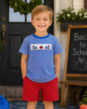 Load image into Gallery viewer, Celebrate every school day with the Apple Harry’s Play Tee by Zuccini Kids! Soft blue and white stripes blend with charming apple and truck smocking, making it the perfect cozy choice for your little boy’s adventures. Ready for first days, playtime, and every moment in between!
