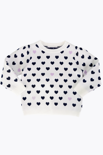 Embrace cozy style this fall with the Girls Heart Sweater in Ivory. Featuring delicate navy and lilac heart patterns, this beautifully knit sweater offers warmth and charm, making it an ideal choice for any little girl's wardrobe. Its soft fabric ensures comfort all day long, while the elegant design adds a sweet, playful touch to her seasonal outfits.