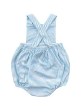 Load image into Gallery viewer, Dress your little one in style with the Henry Striped Knit Sunsuit from James &amp; Lottie. Made with light blue and white striped knit fabric, this classic design is perfect for infant boys. Add a monogram for a personalized touch!
