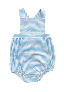 Dress your little one in style with the Henry Striped Knit Sunsuit from James &amp; Lottie. Made with light blue and white striped knit fabric, this classic design is perfect for infant boys. Add a monogram for a personalized touch!