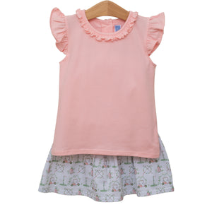 Introduce your little girl to the world of golf with Trotter Street Kids' Toddler Girls Hole in One Skort Set! This adorable and classic set features a pink ruffled top and a golf print skort. Perfect for country club outings or golf lessons, inspire a love for the sport in your little one.