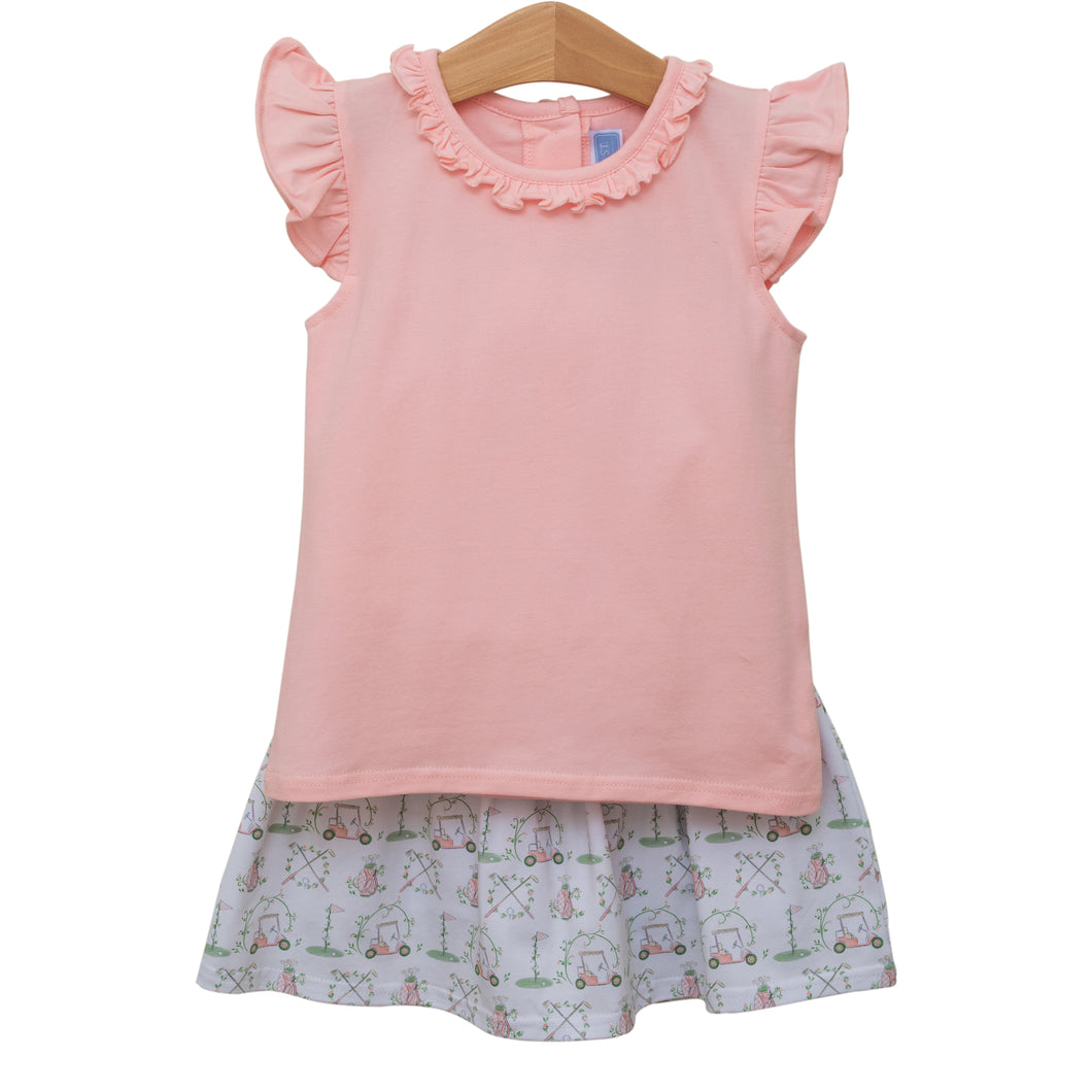 Introduce your little girl to the world of golf with Trotter Street Kids' Toddler Girls Hole in One Skort Set! This adorable and classic set features a pink ruffled top and a golf print skort. Perfect for country club outings or golf lessons, inspire a love for the sport in your little one.