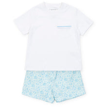 Load image into Gallery viewer, Elevate your toddler&#39;s beach style with our Sandcastles Blue Hudson Short Set! Crafted from soft cotton, this set is perfect for any summer day. From Lila &amp; Hayes, it&#39;s the perfect outfit for any beach trip. Get ready to make a splash and enjoy the sunshine in style!

