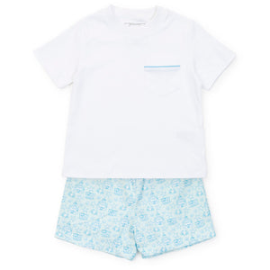 Elevate your toddler's beach style with our Sandcastles Blue Hudson Short Set! Crafted from soft cotton, this set is perfect for any summer day. From Lila &amp; Hayes, it's the perfect outfit for any beach trip. Get ready to make a splash and enjoy the sunshine in style!