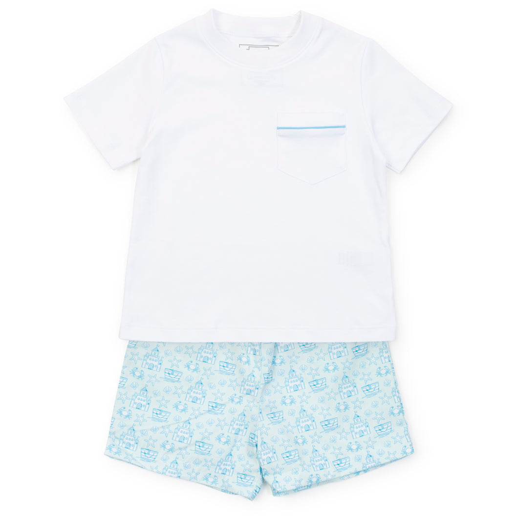 Elevate your toddler's beach style with our Sandcastles Blue Hudson Short Set! Crafted from soft cotton, this set is perfect for any summer day. From Lila & Hayes, it's the perfect outfit for any beach trip. Get ready to make a splash and enjoy the sunshine in style!
