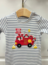 Load image into Gallery viewer, Get your little one ready to save the day with our Infant Boys Striped Puppy Rescue Romper! This adorable romper from Squiggles features gray stripes and a cute appliqué of a fire truck with puppies coming to the rescue. Perfect for a future hero!

