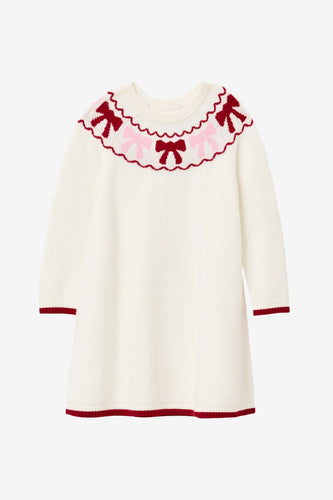 Get ready for the cutest dress of the season! Our Girls Bow Sweater Dress by Duffield Lane is made with soft white cotton and features a sweet pink and red bow detail around the neckline. Perfect for keeping your girl warm and stylish. Add a touch of charm to any occasion!