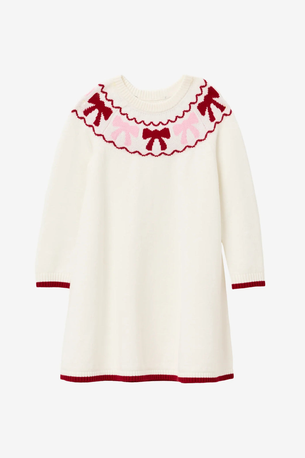 Get ready for the cutest dress of the season! Our Girls Bow Sweater Dress by Duffield Lane is made with soft white cotton and features a sweet pink and red bow detail around the neckline. Perfect for keeping your girl warm and stylish. Add a touch of charm to any occasion!