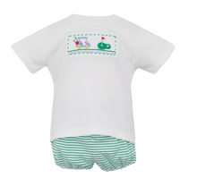 Load image into Gallery viewer, Elevate your little golfer&#39;s style with Petit Bebe&#39;s Boys Golf Knit Short Set! This set features a white knit shirt with a striking golf stitching design, paired with green striped knit shorts. Perfect for a day on the course or a casual outing, this set combines comfort and style for your little one.
