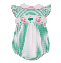Load image into Gallery viewer, Introducing the cutest addition to your little girl&#39;s wardrobe - the Infant Girl&#39;s Golf Smocked Knit Bubble by Petit Bebe! This adorable green striped bubble features a charming golf design smocking that will make your little one stand out on the course. Get ready to tee up in style!
