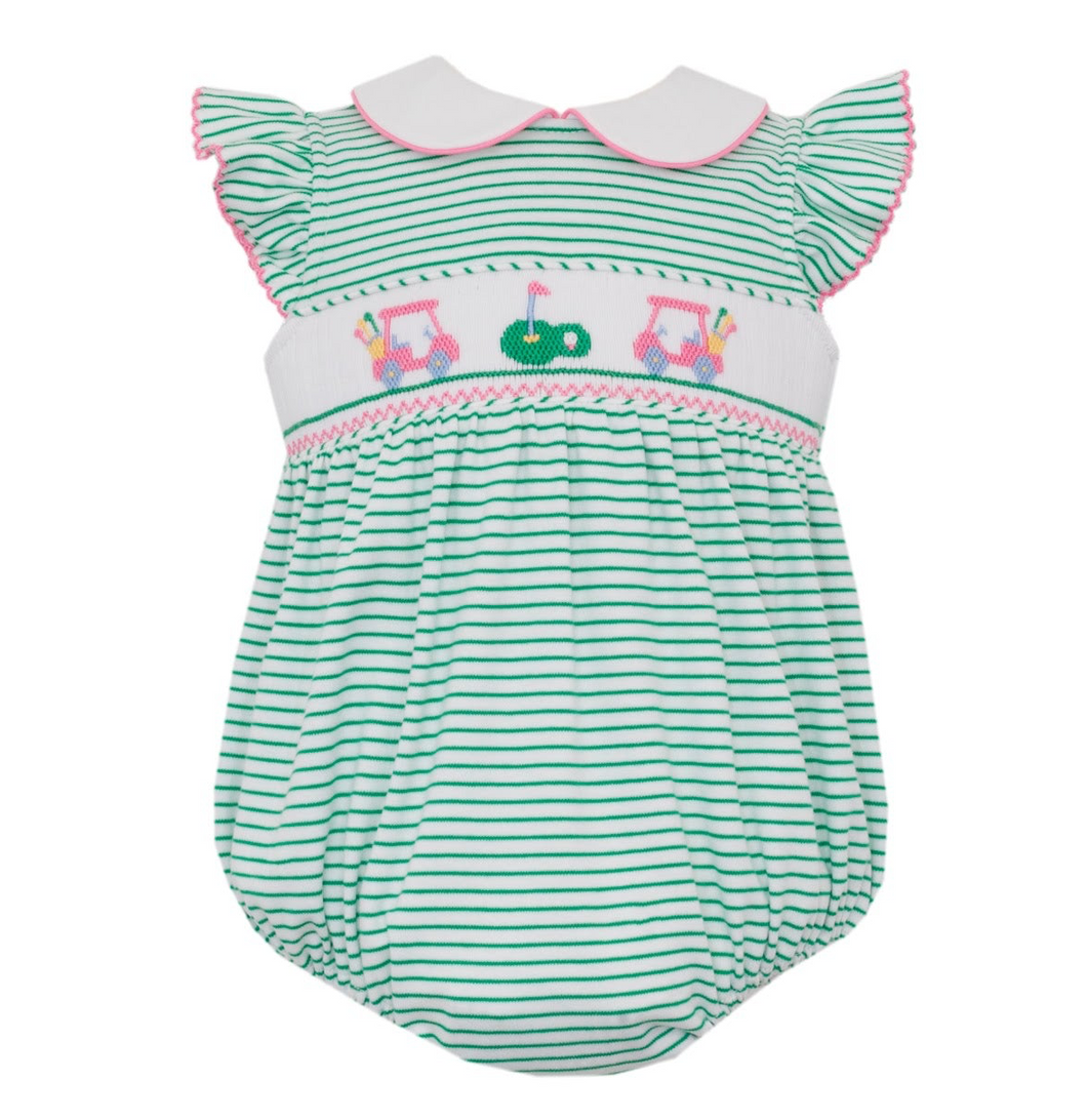 Introducing the cutest addition to your little girl's wardrobe - the Infant Girl's Golf Smocked Knit Bubble by Petit Bebe! This adorable green striped bubble features a charming golf design smocking that will make your little one stand out on the course. Get ready to tee up in style!