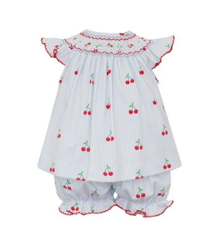 This darling cherry knit bishop bloomer set from Petit Bebe is perfect for your little girl's wardrobe. The cherry print adds a touch of whimsy while the white smocking and ruffle sleeves add a sweet, feminine touch. Complete with bloomers for extra comfort, this set is as practical as it is adorable.