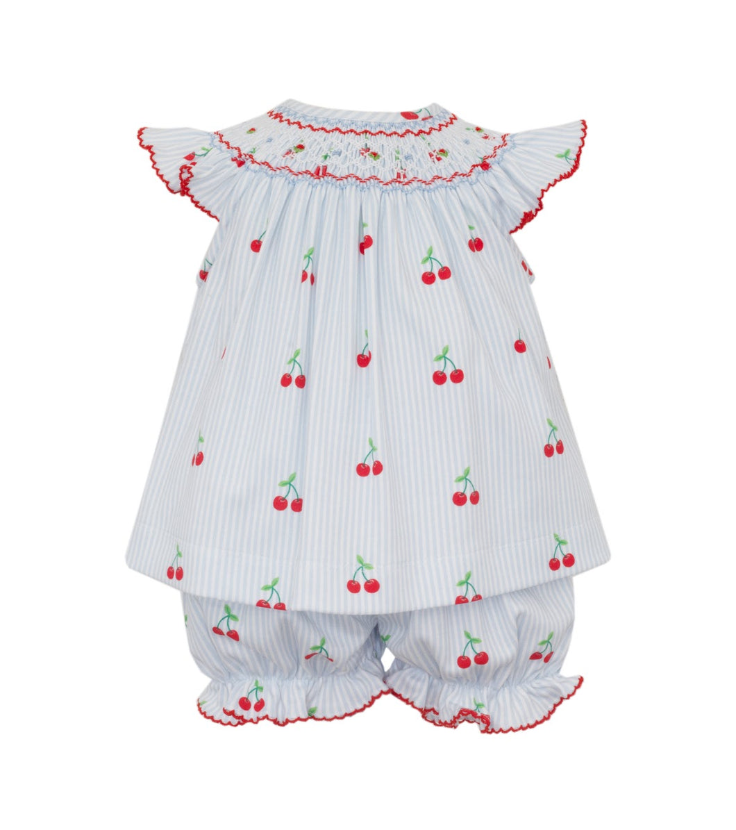 This darling cherry knit bishop bloomer set from Petit Bebe is perfect for your little girl's wardrobe. The cherry print adds a touch of whimsy while the white smocking and ruffle sleeves add a sweet, feminine touch. Complete with bloomers for extra comfort, this set is as practical as it is adorable.