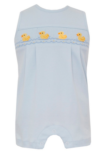 This adorable Infant Blue Knit Duck Jon Jon by Petit Bebe is perfect for your little one! Made with soft and comfortable light blue knit fabric, it features charming duck stitching that adds a touch of cuteness. Your baby will look and feel great in this sweet Jon Jon.