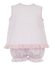 Load image into Gallery viewer, Elevate your little girl&#39;s wardrobe with the Pink Knit Infant Girl&#39;s Gingham Bloomer Set by Petit Bebe. This adorable set features a blue and pink gingham knit design, accented with a delicate pink floral trim. Perfect for any occasion, this bloomer set will keep your baby comfortable and stylish.
