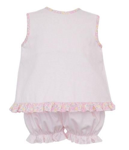 Elevate your little girl's wardrobe with the Pink Knit Infant Girl's Gingham Bloomer Set by Petit Bebe. This adorable set features a blue and pink gingham knit design, accented with a delicate pink floral trim. Perfect for any occasion, this bloomer set will keep your baby comfortable and stylish.