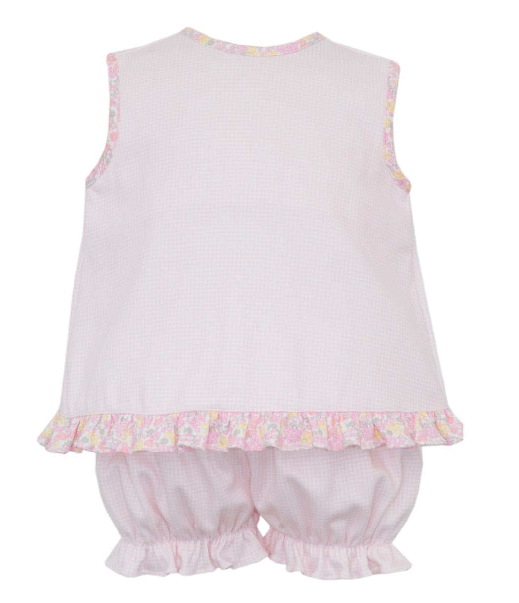 Elevate your little girl's wardrobe with the Pink Knit Infant Girl's Gingham Bloomer Set by Petit Bebe. This adorable set features a blue and pink gingham knit design, accented with a delicate pink floral trim. Perfect for any occasion, this bloomer set will keep your baby comfortable and stylish.