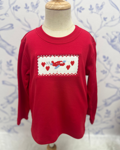 Get ready to soar with style this Valentine's Day with the Valentine Planes Boy's Knit Tee by Anavini. This vibrant red long sleeve tee features a playful smocking design of hearts and planes, making it the perfect choice for any little boy who loves to fly!
