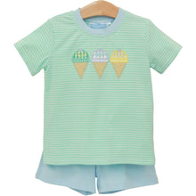 Load image into Gallery viewer, Unleash your child's fun with the Triple Scoop Short Set from Trotter Street Kids! This playful ensemble features a vibrant aqua striped tee adorned with delightful ice cream appliqués, paired with soft light blue shorts. Designed for breathability and comfort, it’s perfect for endless adventures and joyful playtime!
