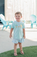 Load image into Gallery viewer, Unleash your child's fun with the Triple Scoop Short Set from Trotter Street Kids! This playful ensemble features a vibrant aqua striped tee adorned with delightful ice cream appliqués, paired with soft light blue shorts. Designed for breathability and comfort, it’s perfect for endless adventures and joyful playtime!
