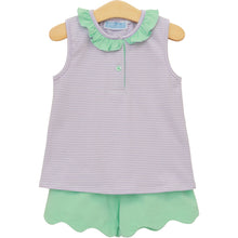 Load image into Gallery viewer, Embrace the vibrant spirit of spring and summer with the Nora Short Set in Lavender Stripe! This adorable outfit features a soft lavender striped tee accented with playful teal ruffles and matching teal shorts. Its breathable fabric ensures all-day comfort, making it perfect for adventures and sunny days!

