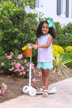 Load image into Gallery viewer, Embrace the vibrant spirit of spring and summer with the Nora Short Set in Lavender Stripe! This adorable outfit features a soft lavender striped tee accented with playful teal ruffles and matching teal shorts. Its breathable fabric ensures all-day comfort, making it perfect for adventures and sunny days!
