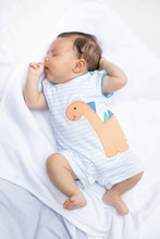 Load image into Gallery viewer, Introducing the Dino Knit Ashton Shortall by Zuccini Kids—where playful style meets comfort! This light blue knit shortall features an adorable dinosaur appliqué design, perfect for your little explorer. Dress him in this charming outfit and watch him embark on endless adventures with a smile!

 
