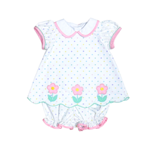 Load image into Gallery viewer, Dress your little one in the adorable Floral Dotted Bloomer Set by Zuccini Kids! This charming outfit features a playful floral design with vibrant multicolor polka dots, making it perfect for spring and summer adventures. Let her bloom in style and comfort all season long!
