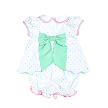 Load image into Gallery viewer, Dress your little one in the adorable Floral Dotted Bloomer Set by Zuccini Kids! This charming outfit features a playful floral design with vibrant multicolor polka dots, making it perfect for spring and summer adventures. Let her bloom in style and comfort all season long!
