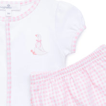 Load image into Gallery viewer, Elevate your little one's style with the Silly Goose Diaper Cover Set in Pink by Magnolia Baby. Crafted from soft Pima cotton and adorned with charming goose stitching and delightful pink gingham trim, this set ensures comfort and cuteness. A perfect gift for spring, it brings joy to both baby and parent!
