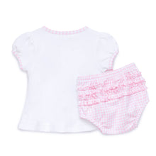 Load image into Gallery viewer, Elevate your little one's style with the Silly Goose Diaper Cover Set in Pink by Magnolia Baby. Crafted from soft Pima cotton and adorned with charming goose stitching and delightful pink gingham trim, this set ensures comfort and cuteness. A perfect gift for spring, it brings joy to both baby and parent!
