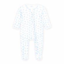 Load image into Gallery viewer, Dress your little one in the charming Leaping Bunnies Print Zip Footie in Light Blue by Magnolia Baby. Made from soft Pima cotton, this delightful outfit combines comfort with adorable style, making it an ideal choice for spring and Easter!
