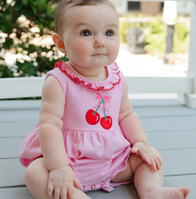 Load image into Gallery viewer, Celebrate your little one's style with the Infant Girls Cherry Jubilee Romper by Bailey Boys! This delightful pink knit striped romper is not only adorable but also breathable, perfect for warm spring and summer days. The charming cherry appliqué adds a playful touch that your baby will love. Dress her in comfort and cuteness!
