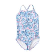 Load image into Gallery viewer, Girls’ Spring Tides Swimsuit in Pink Frosting Oyster Print
