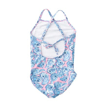 Load image into Gallery viewer, Girls’ Spring Tides Swimsuit in Pink Frosting Oyster Print
