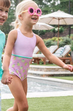 Load image into Gallery viewer, Make a splash in style with our Girls' Crossback One-Piece Swimsuit – Pink Frosting Lemon Print. Made with UPF 50, 82% Nylon / 18% Spandex performance fabric, this fully lined swimsuit keeps your little fish protected and comfortable whether she's perfecting her dive, racing her friends, or lounging poolside. Designed with crossback straps that stay put, it's built for all-day play and sporty adventures.
